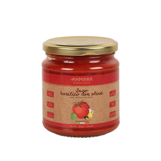 Jar of Anmara tomato sauce with a red label on a white background