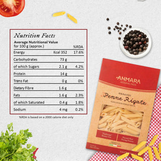 Anmara Artisanal Organic Penne Rigate Pasta Nutrition