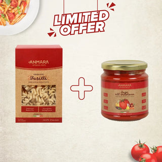 Anmara pasta box and jar with limited offer text on a beige background