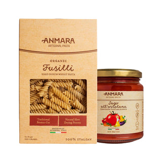 Anmara pasta box and sauce jar on a white background