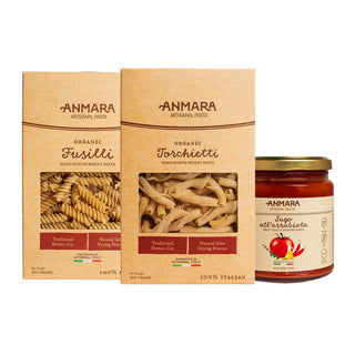 Organic Fusilli (500g), & Torchietti Pasta (500g) + Arrabiata Sauce (280g) | Anmara Artisanal Pasta and Sauce | Special Combo Deals