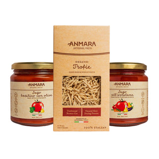 Organic Trofie Pasta (500g) with Olive & Basil (280g) + Ortolana Sauces (280g) | Anmara Artisanal Pasta and Sauce | Special Combo Deals