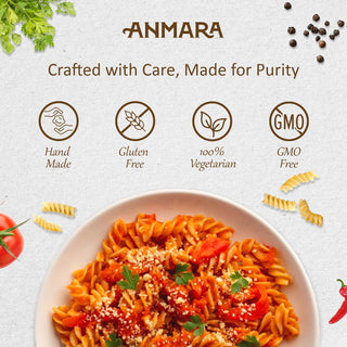 Pasta dish with Anmara branding and product features on a light background