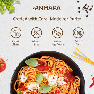 Spaghetti dish with ANMARA branding and product features on a light background