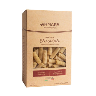 Box of Anmara organic pasta with a clear window showing the product.