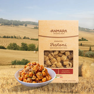 Anmara Festoni pasta packaging with a bowl of pasta in front of a scenic landscape