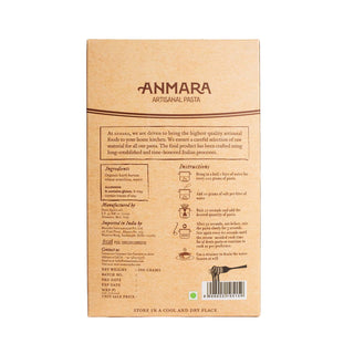Back of a pasta packaging box with 'Anmara Artisanal Pasta' branding and text.
