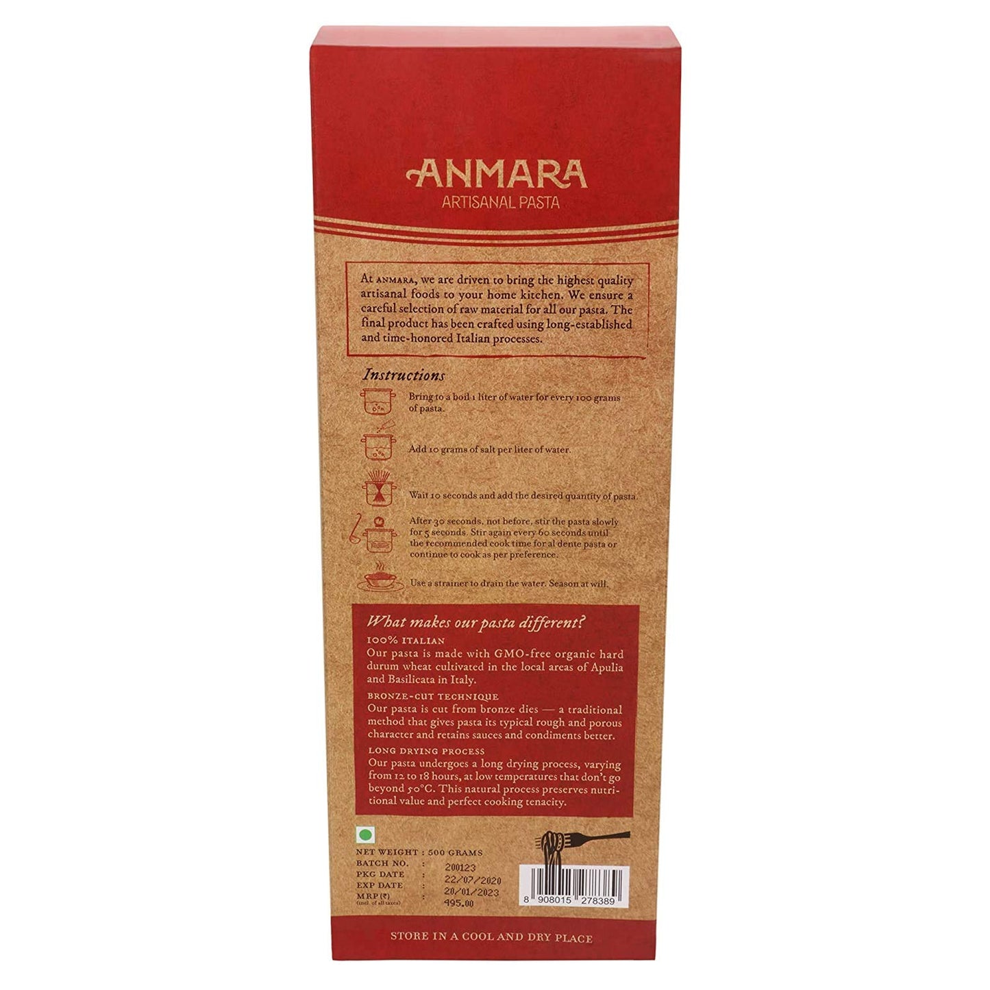 Anmara Artisanal Pasta, Organic Spaghetti, Hard Durum Wheat, 500 g